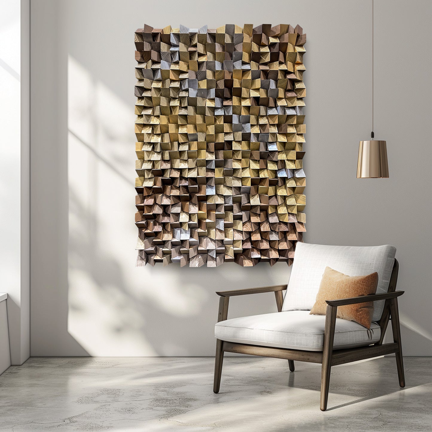 Natural Wood Triangle Mosaic Art - 3D Geometric Wall Decor