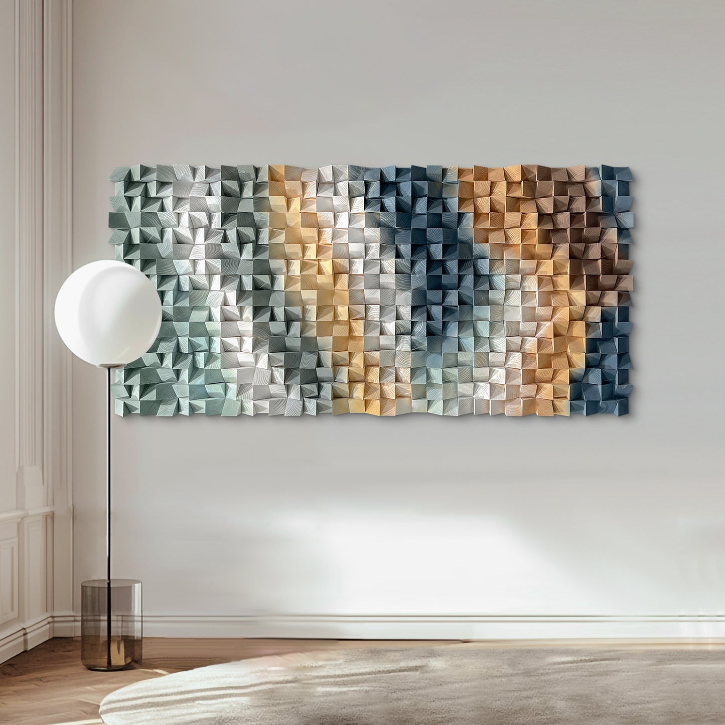 3D gradient wooden mosaic wall artwork, crafted from natural wood with gradual color transitions, full of artistic stereoscopic sense.