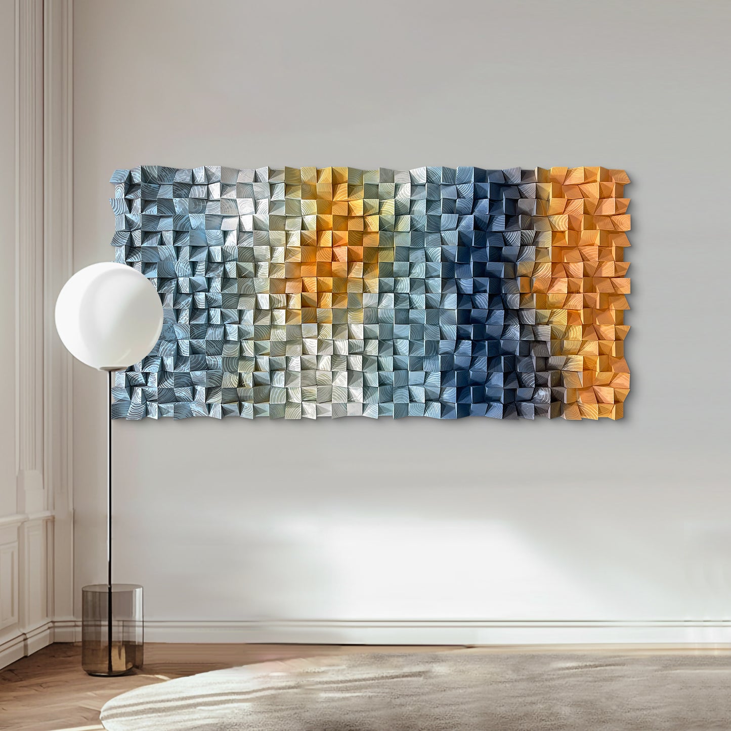 Large 3D natural wood wall decor with original triangular design.