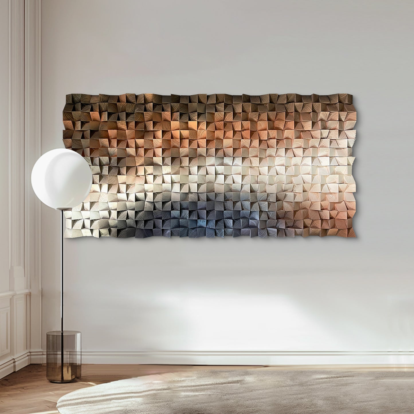 Modern abstract 3D wall art, solid wood mosaic panel in blue, white and orange tones, with rich three-dimensional texture.