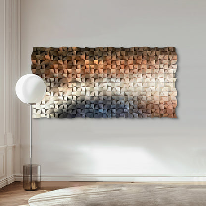 Modern abstract 3D wall art, solid wood mosaic panel in blue, white and orange tones, with rich three-dimensional texture.