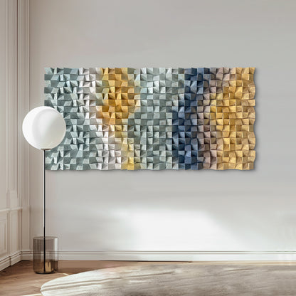 Geometric gradient 3D wooden mosaic wall decor, solid wood textured panel with distinctive layered design.