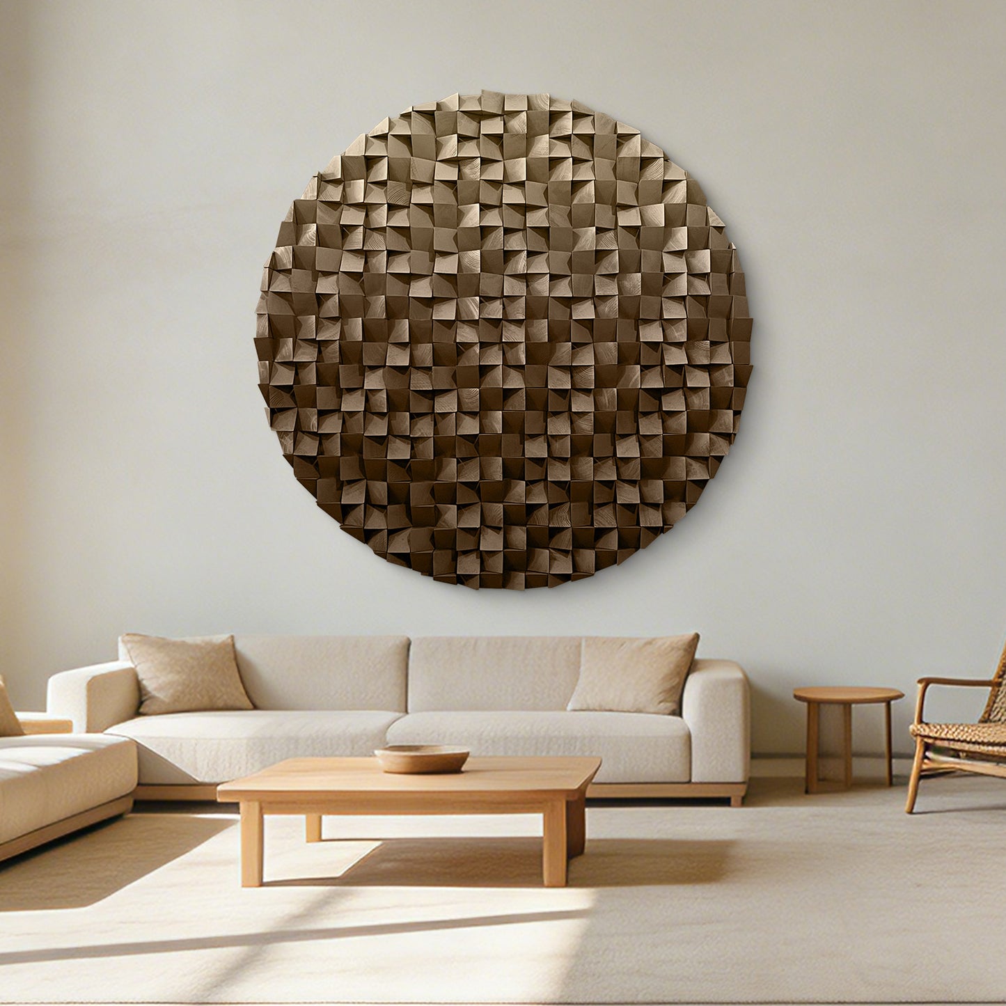 Wooden circle wall decor with 3D textured mosaic in warm brown tones, modern abstract art perfect for living room accent walls.