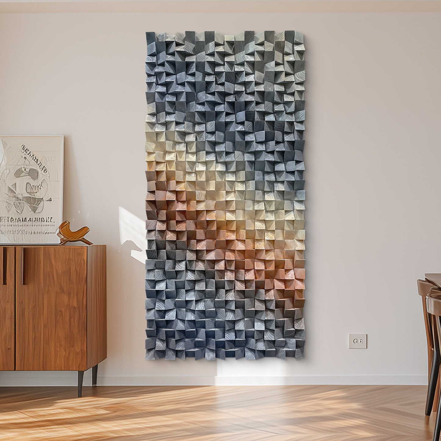 Large triangular wooden blocks interweave to create dreamy light and shadow, artistic wall decor brightens living spaces with unique aesthetic appeal.