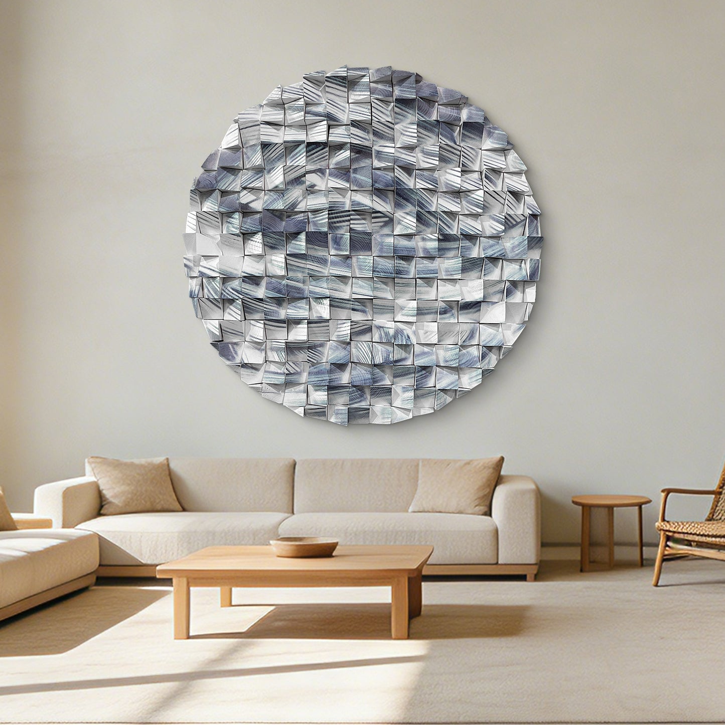 Blue Line Round Wood Wall Art, white backdrop, modern minimalist style, ideal for office wall decor.