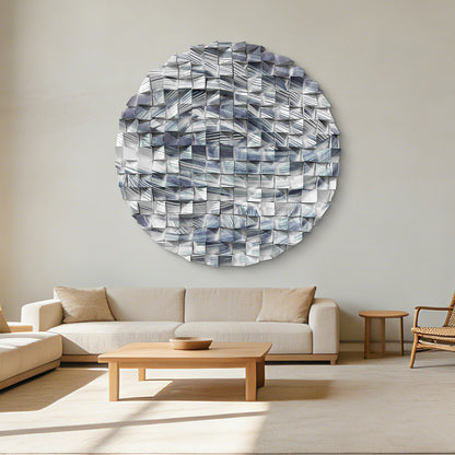 Blue Line Round Wood Wall Art, white backdrop, modern minimalist style, ideal for office wall decor.