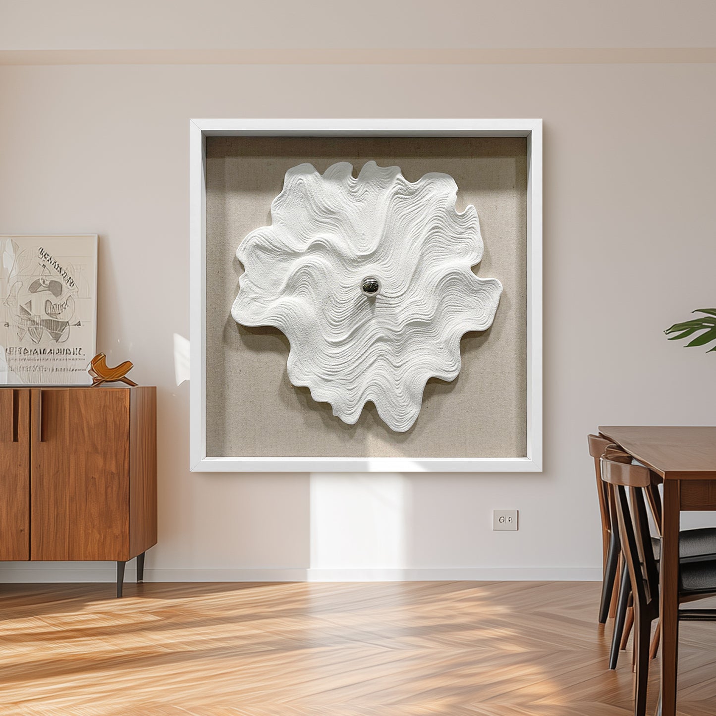 White Textured Wood Carving with Silver Sphere Wall Art