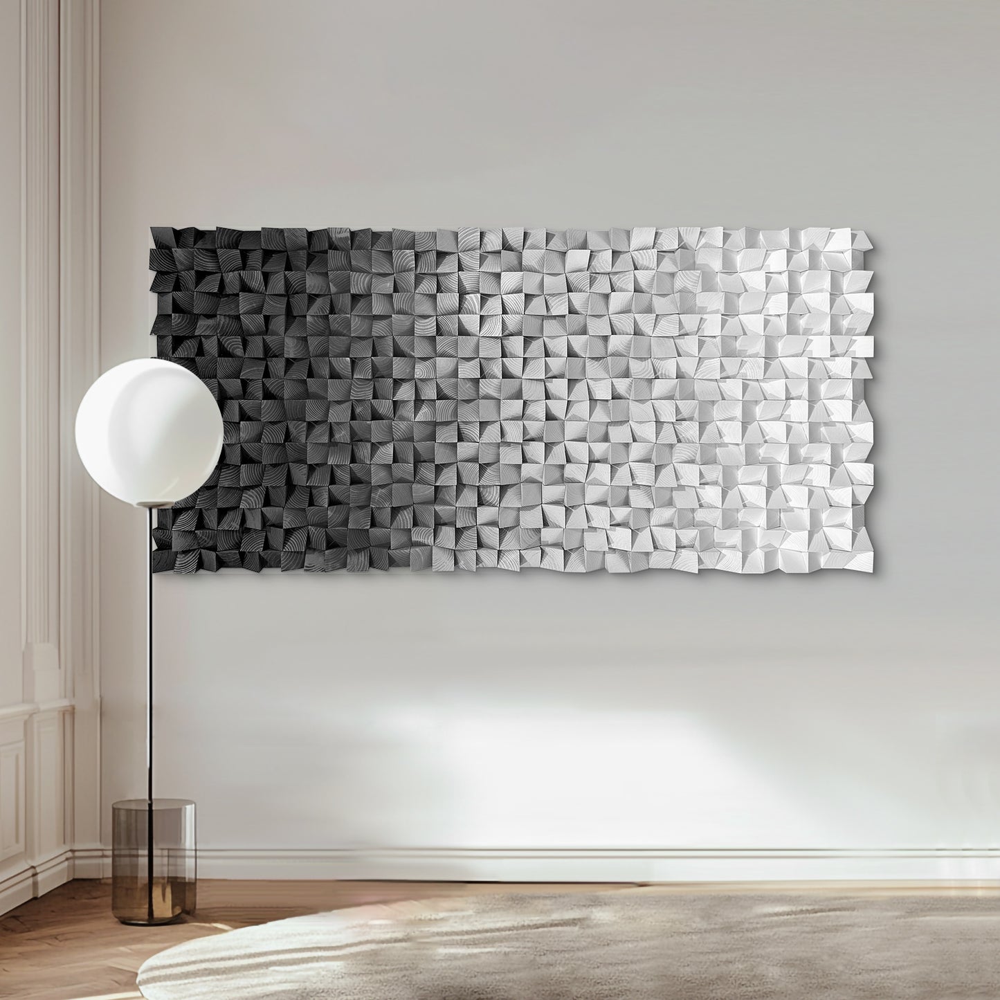Extra Large Abstract Wood Wall Art, handcrafted from solid wood with black & white mosaic detailing, delivering a sleek modern focal texture.