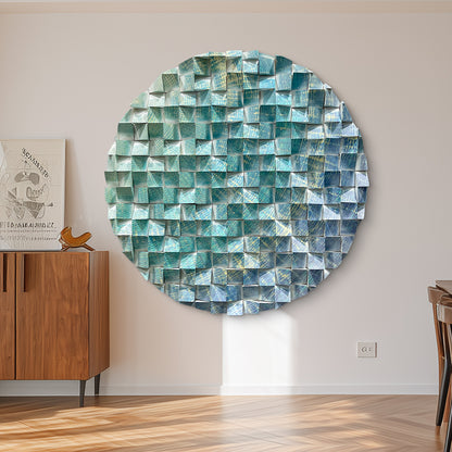Large triangular wooden block wall art with blue-green-gold pattern, eye-catching modern decor for living room.
