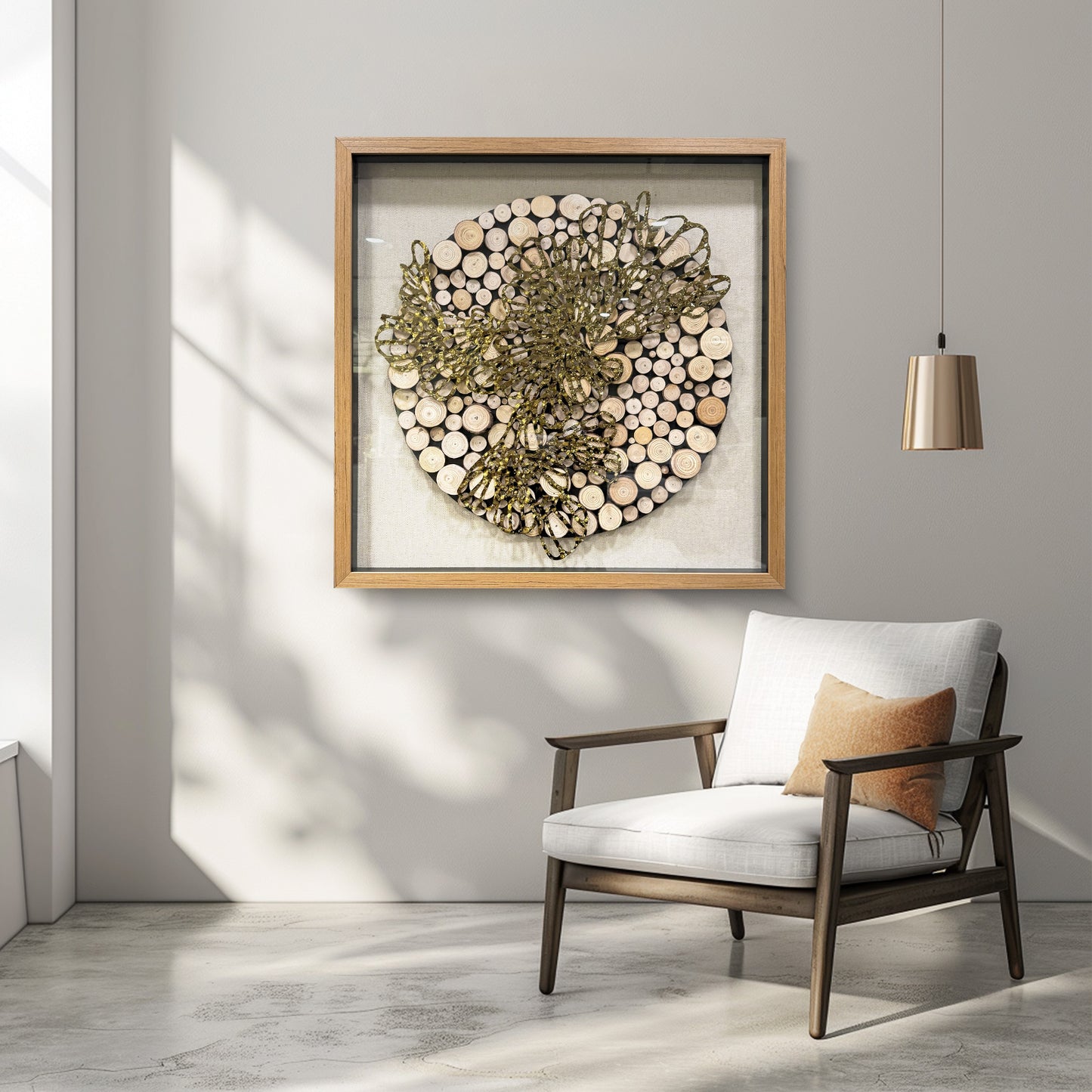 Natural Wood Round & Metal Wall Sculpture - 3D Mixed Media Art