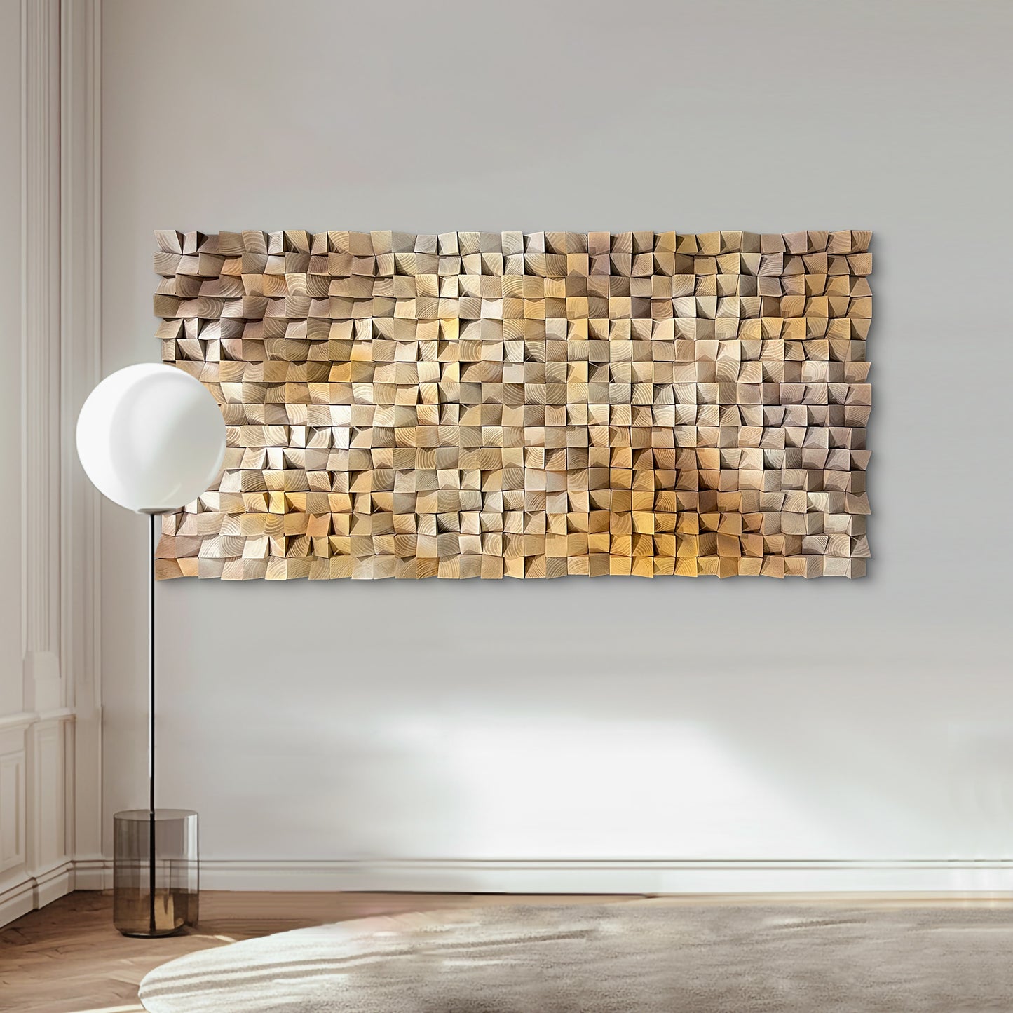 3D gradient wooden mosaic wall art features geometric wood blocks in gradual color transitions, delivering rich texture, artistic depth and natural warmth.
