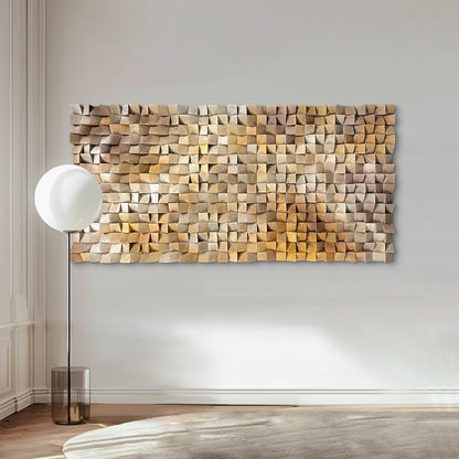 3D gradient wooden mosaic wall art features geometric wood blocks in gradual color transitions, delivering rich texture, artistic depth and natural warmth.