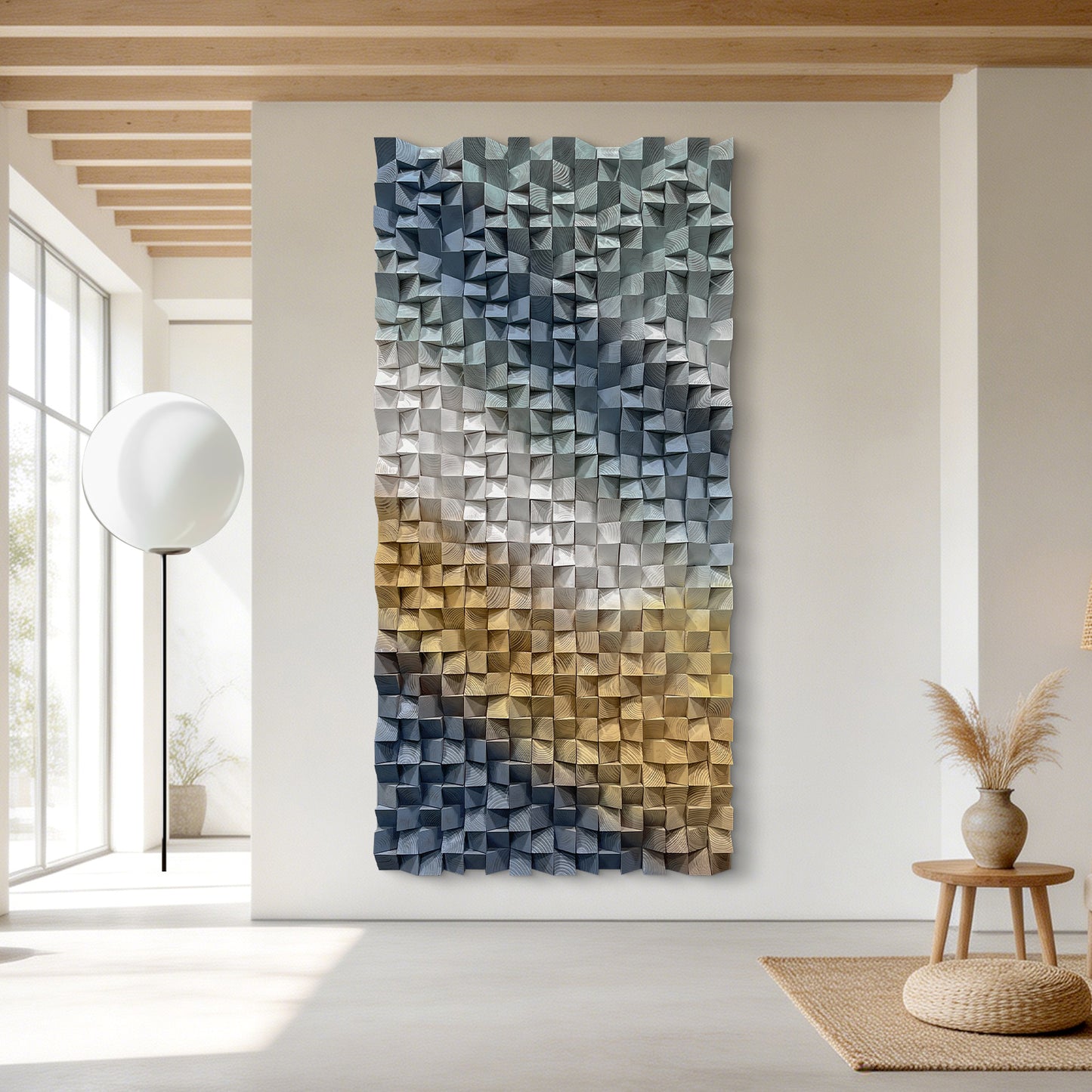 Modern 3D wooden wall art with triangular wood blocks, large-sized wall hanging decor to elevate space style.