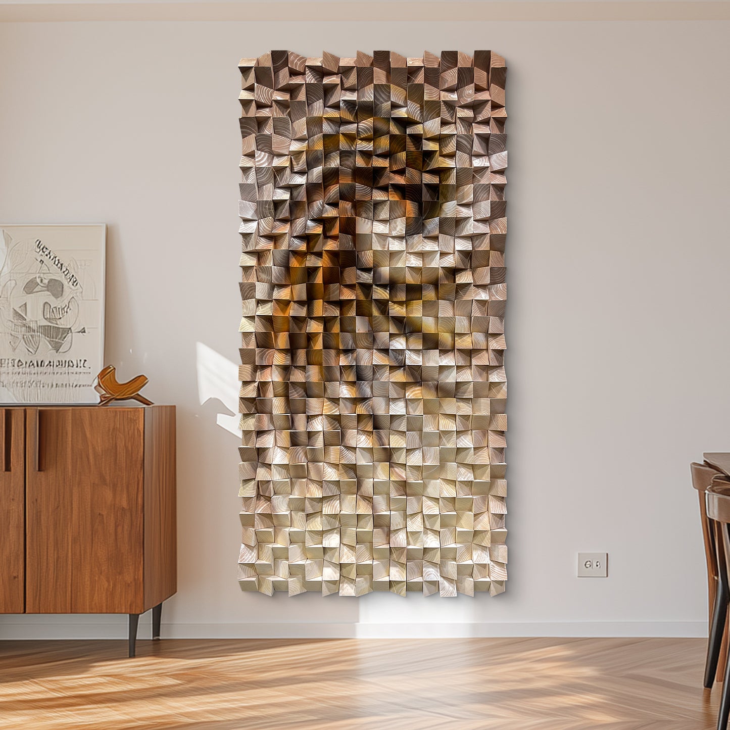 Three-dimensional triangular wooden block wall art, modern styled with natural wood texture, elevating any wall space elegantly.