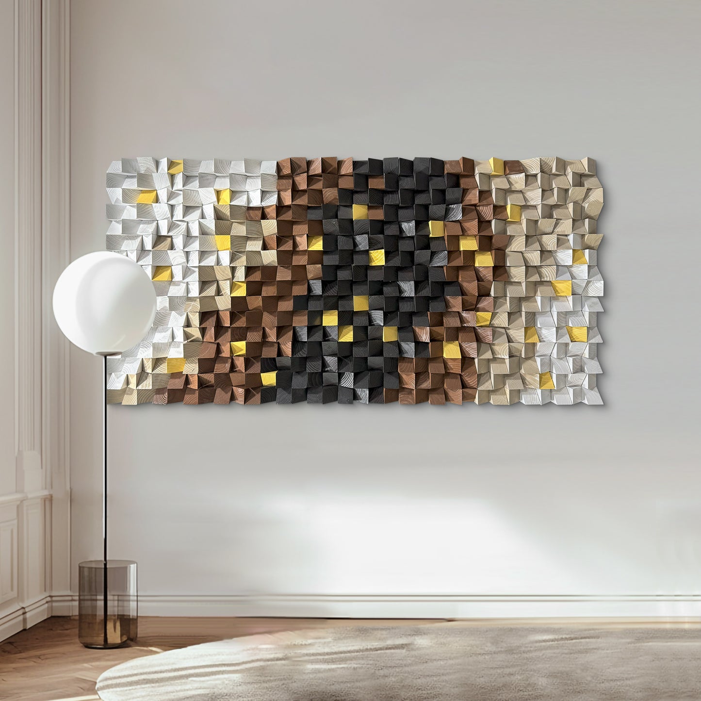 Black & White Textured Wood Wall Art, Grey Mosaic Design, Large-Scale Decorative Artwork