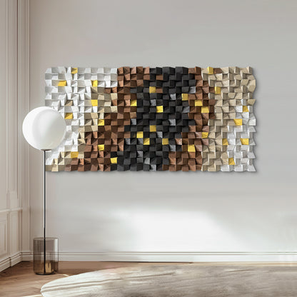 Black & White Textured Wood Wall Art, Grey Mosaic Design, Large-Scale Decorative Artwork