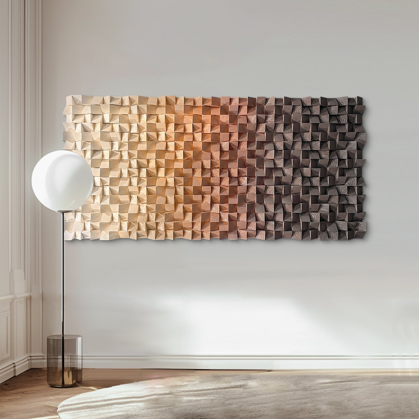 Warm earth-tone wood wall art, 3D textured mosaic with gradient orange-to-brown hues, abstract modern design allowing horizontal or vertical display.