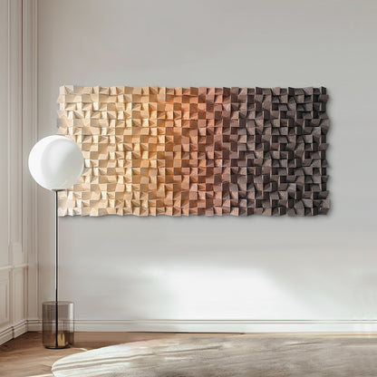 Warm earth-tone wood wall art, 3D textured mosaic with gradient orange-to-brown hues, abstract modern design allowing horizontal or vertical display.