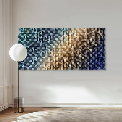 3D wood wall decor featuring triangular wooden blocks, highlighting natural wood grain and rich three-dimensional structure.