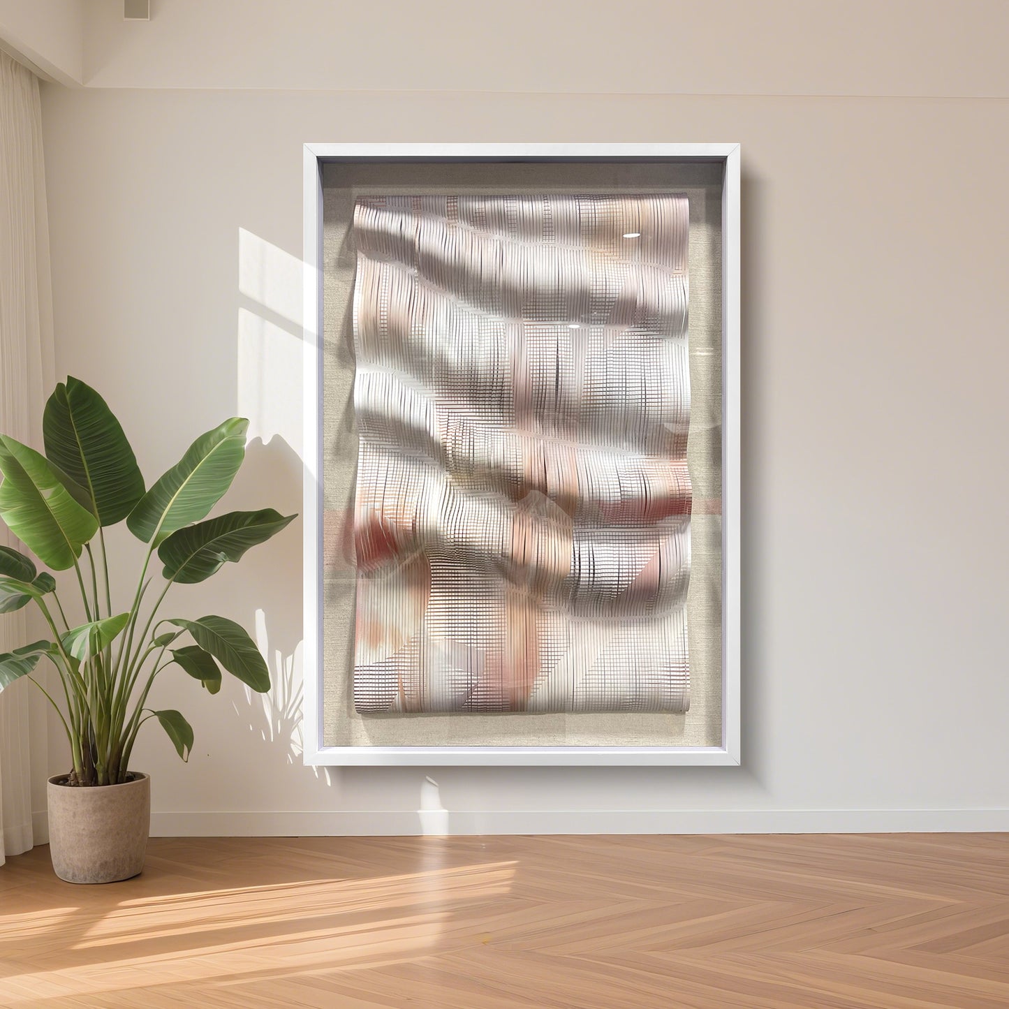 Handcrafted 3D paper artwork, modern textured wall art with delicate three-dimensional design.