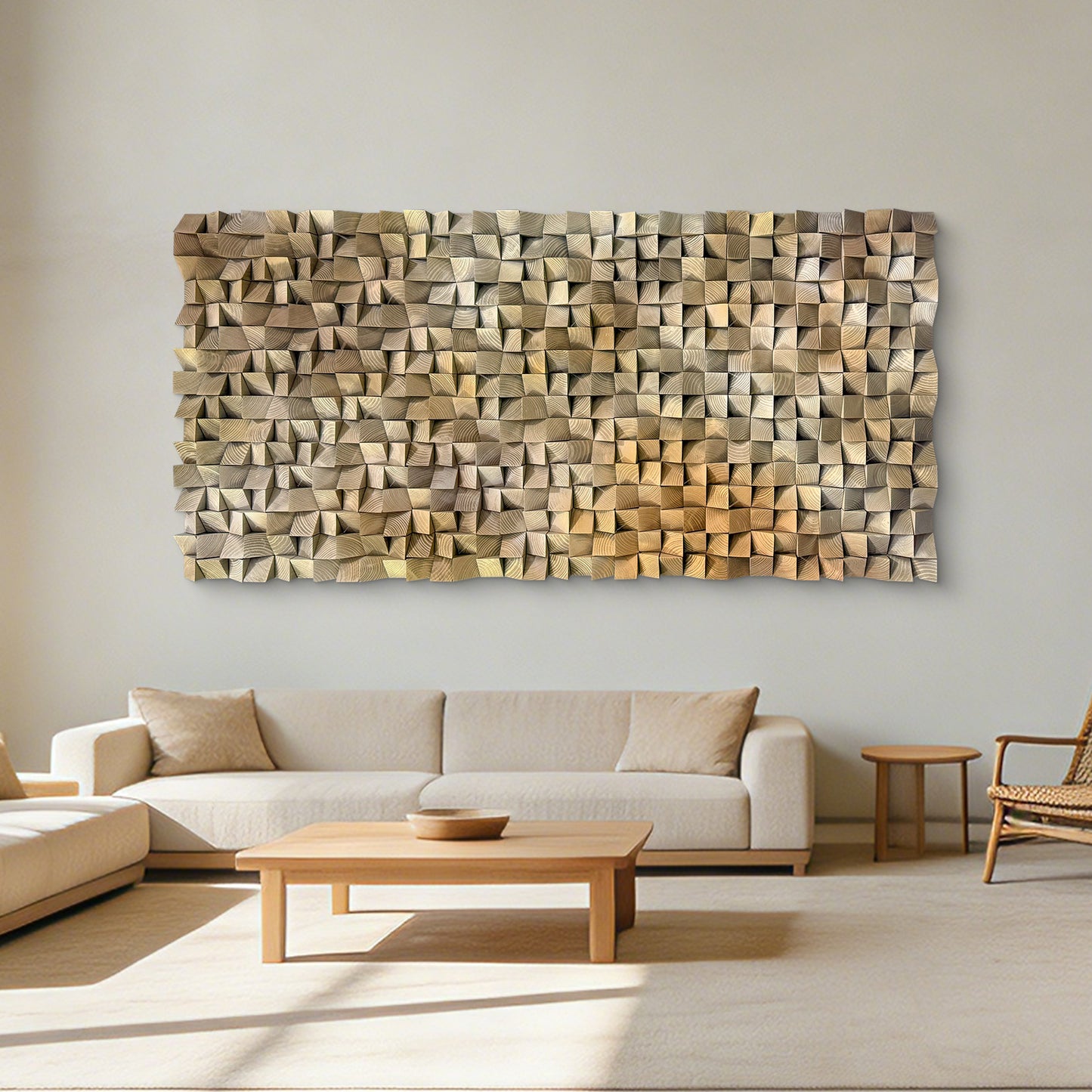 3D gradient wall art with geometric wooden blocks, textured solid wood decor ideal for living rooms, bedrooms and offices.