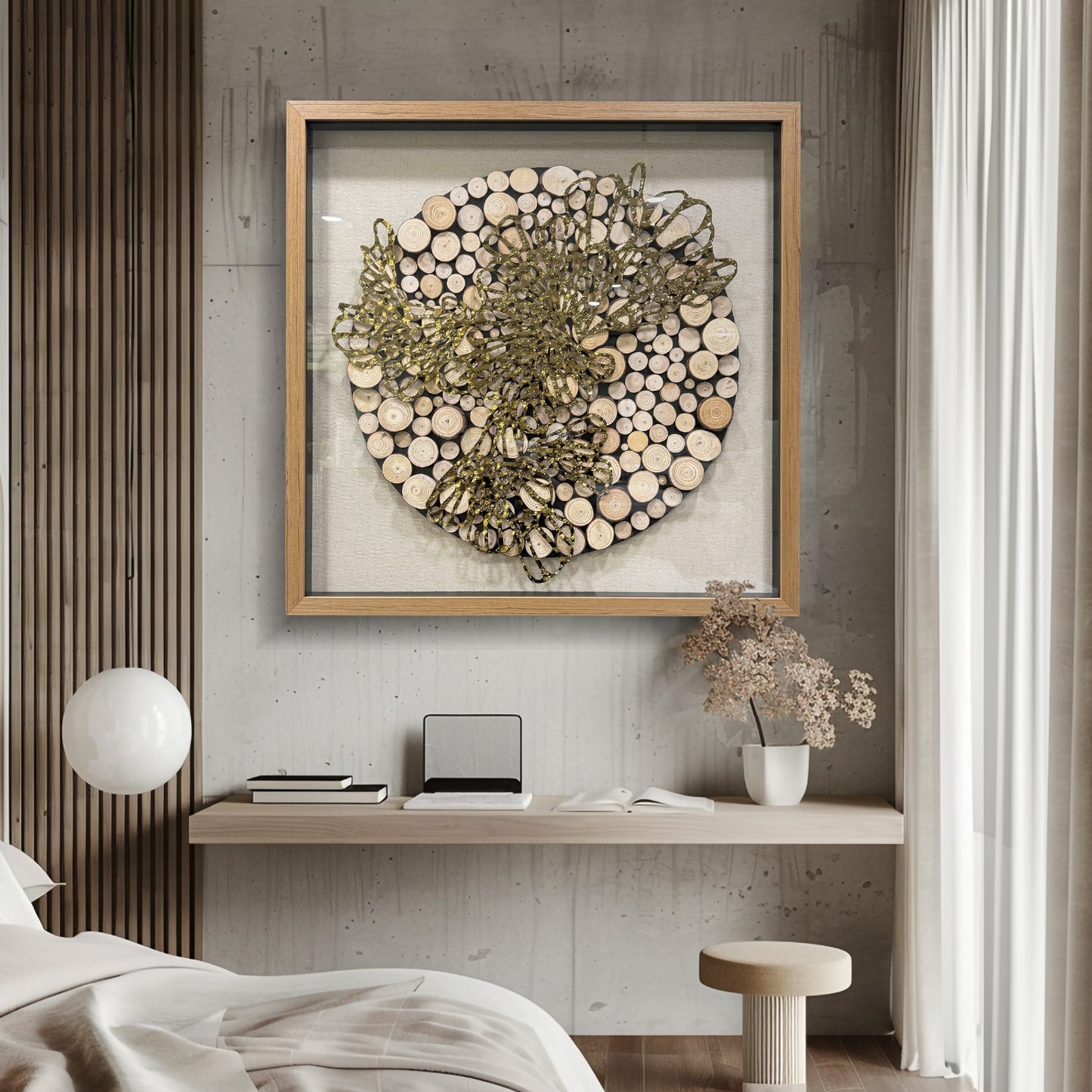 Natural Wood Round & Metal Wall Sculpture - 3D Mixed Media Art
