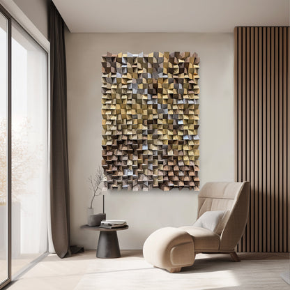 Natural Wood Triangle Mosaic Art - 3D Geometric Wall Decor