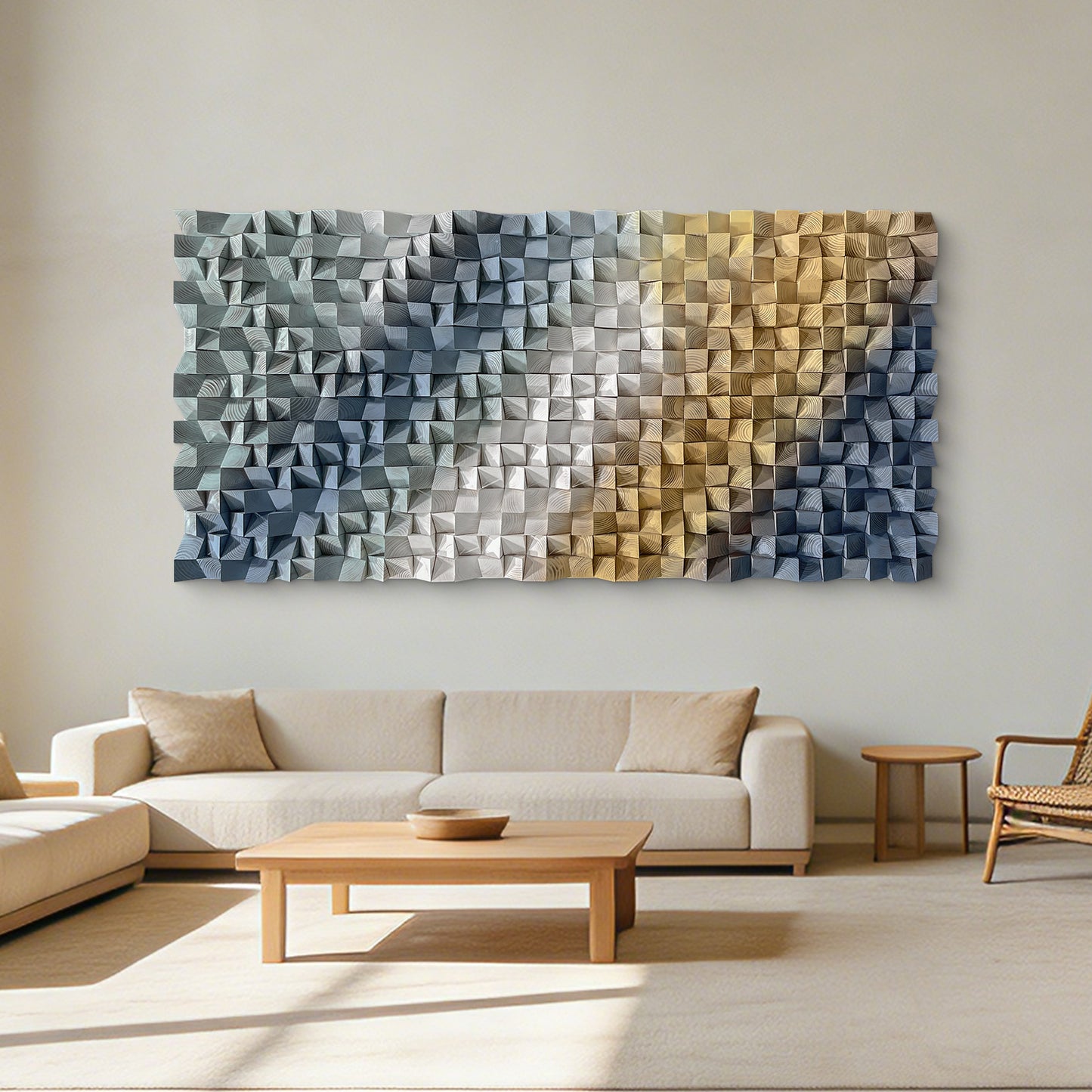 Modern 3D wooden wall art with triangular wood blocks, large-sized wall hanging decor to elevate space style.