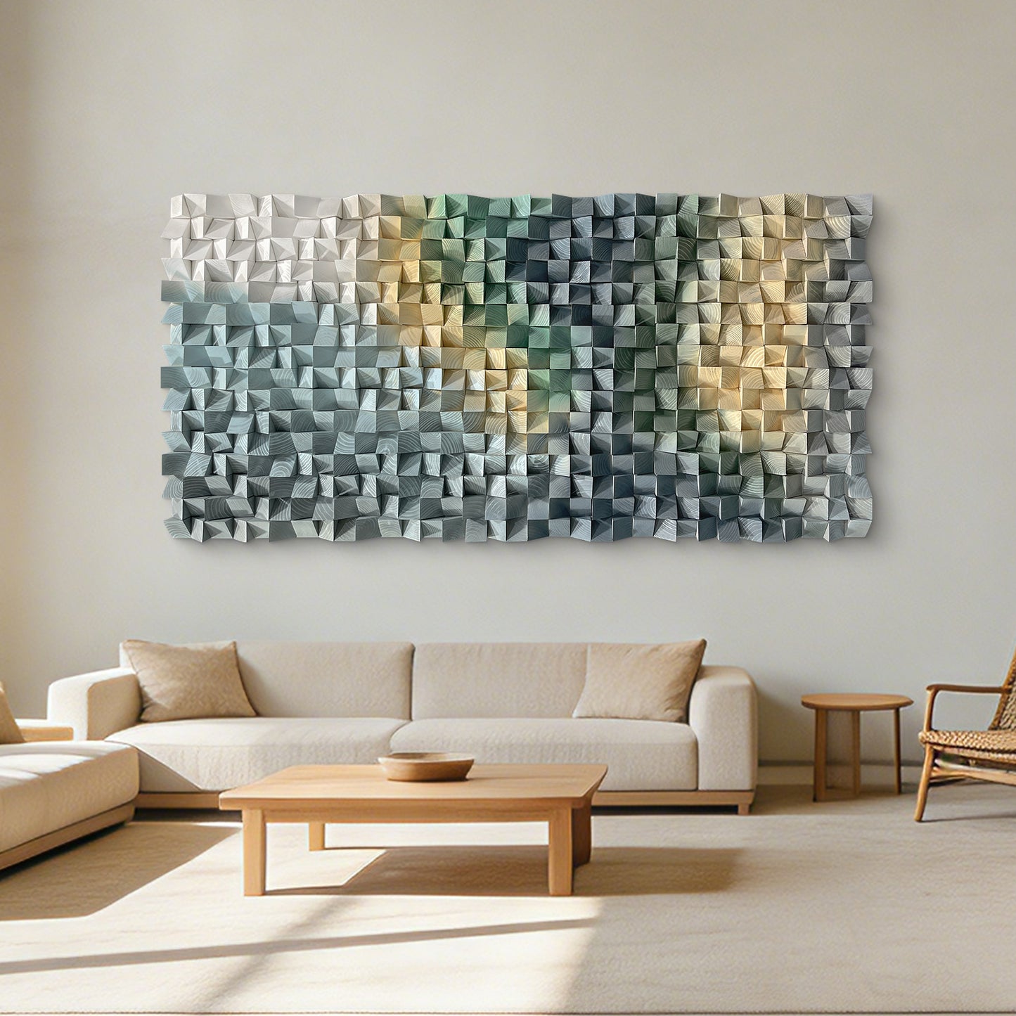 Large triangular wooden block art wall decoration, living room bedroom artistic sense, hanging wall art, home space eye-catching decoration