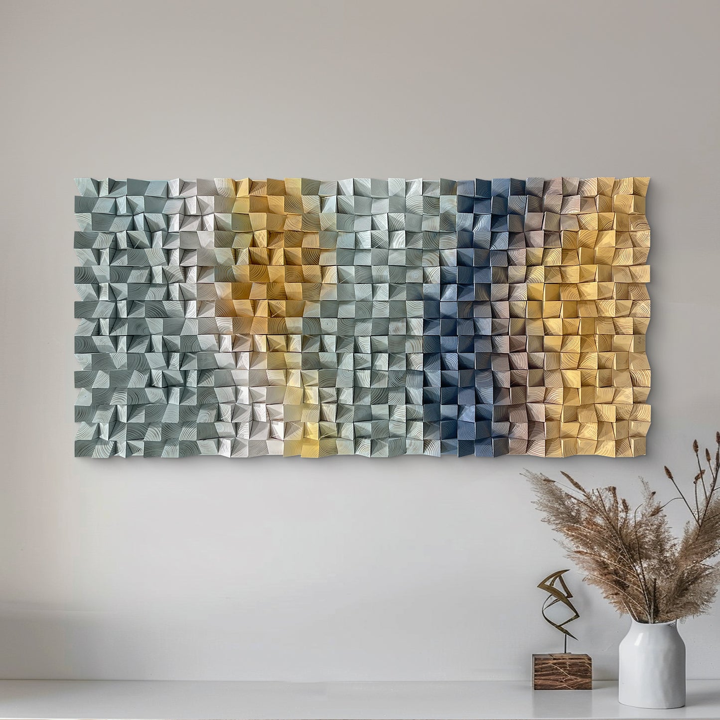 Geometric gradient 3D wooden mosaic wall decor, solid wood textured panel with distinctive layered design.