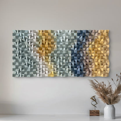 Geometric gradient 3D wooden mosaic wall decor, solid wood textured panel with distinctive layered design.