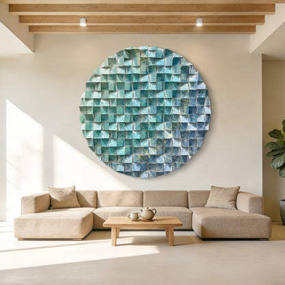 Large triangular wooden block wall art with blue-green-gold pattern, eye-catching modern decor for living room.