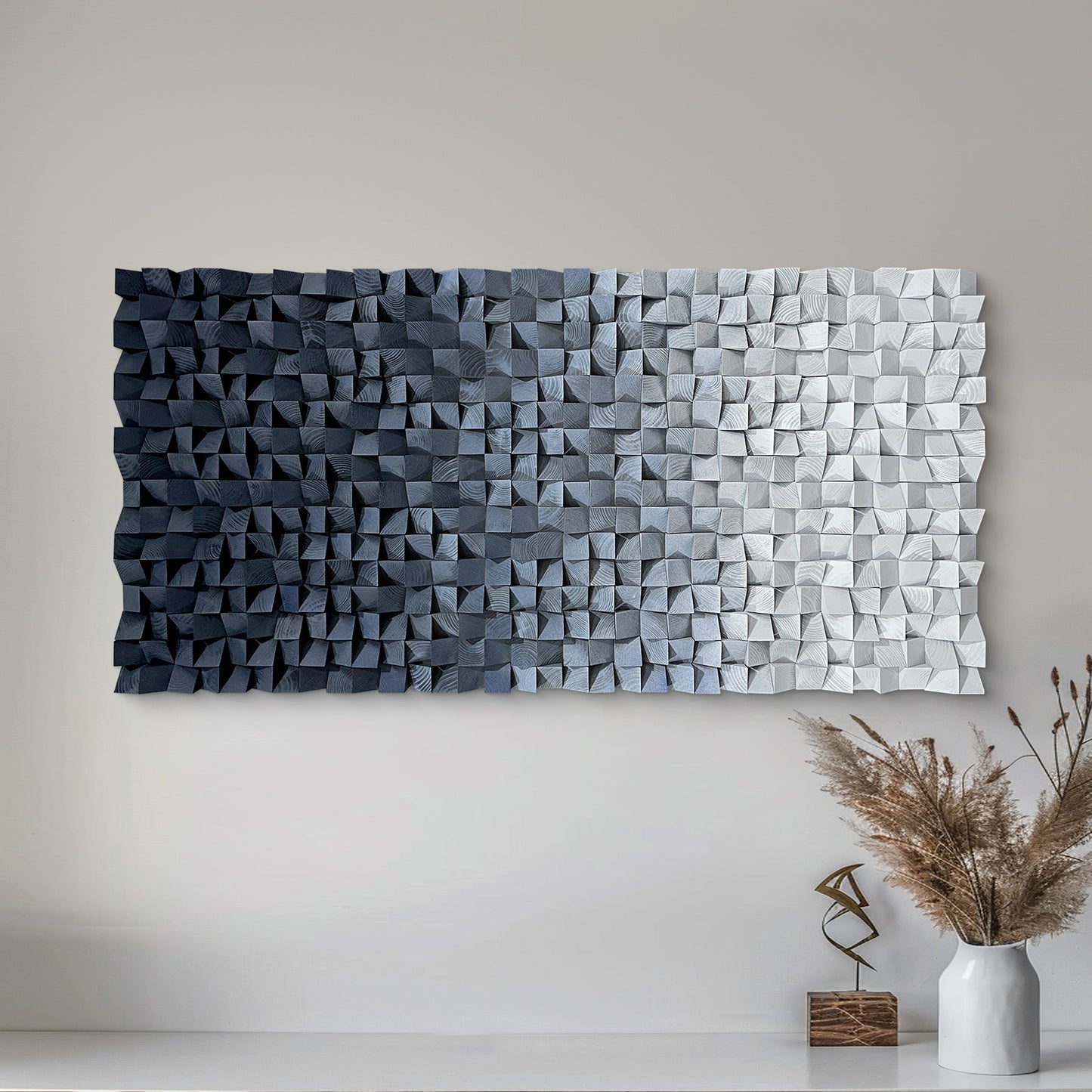 3D Wood Block Wall Art, crafted from natural wood with gradient blue and gray tones, featuring rich layered texture.