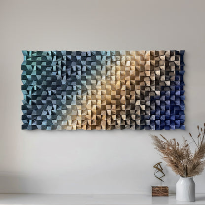 3D wood wall decor featuring triangular wooden blocks, highlighting natural wood grain and rich three-dimensional structure.