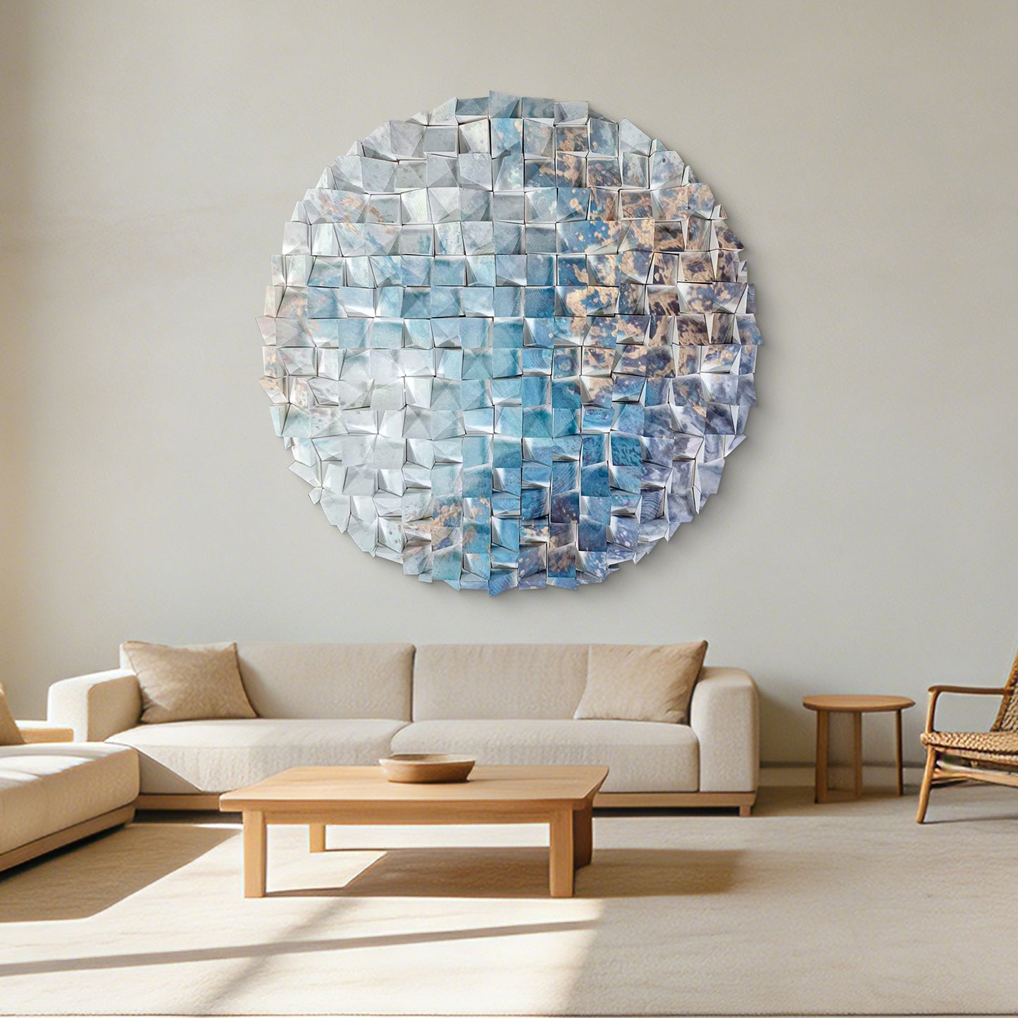 Wooden circle wall decor, handcrafted azure ocean mosaic, large ready-to-hang round art for home & office.