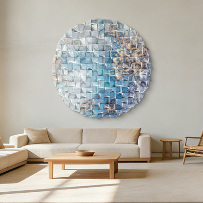 Wooden circle wall decor, handcrafted azure ocean mosaic, large ready-to-hang round art for home & office.
