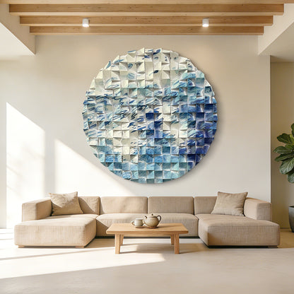 Abstract flow round wood wall art with white & blue river line pattern, modern circular decor for living room and office.