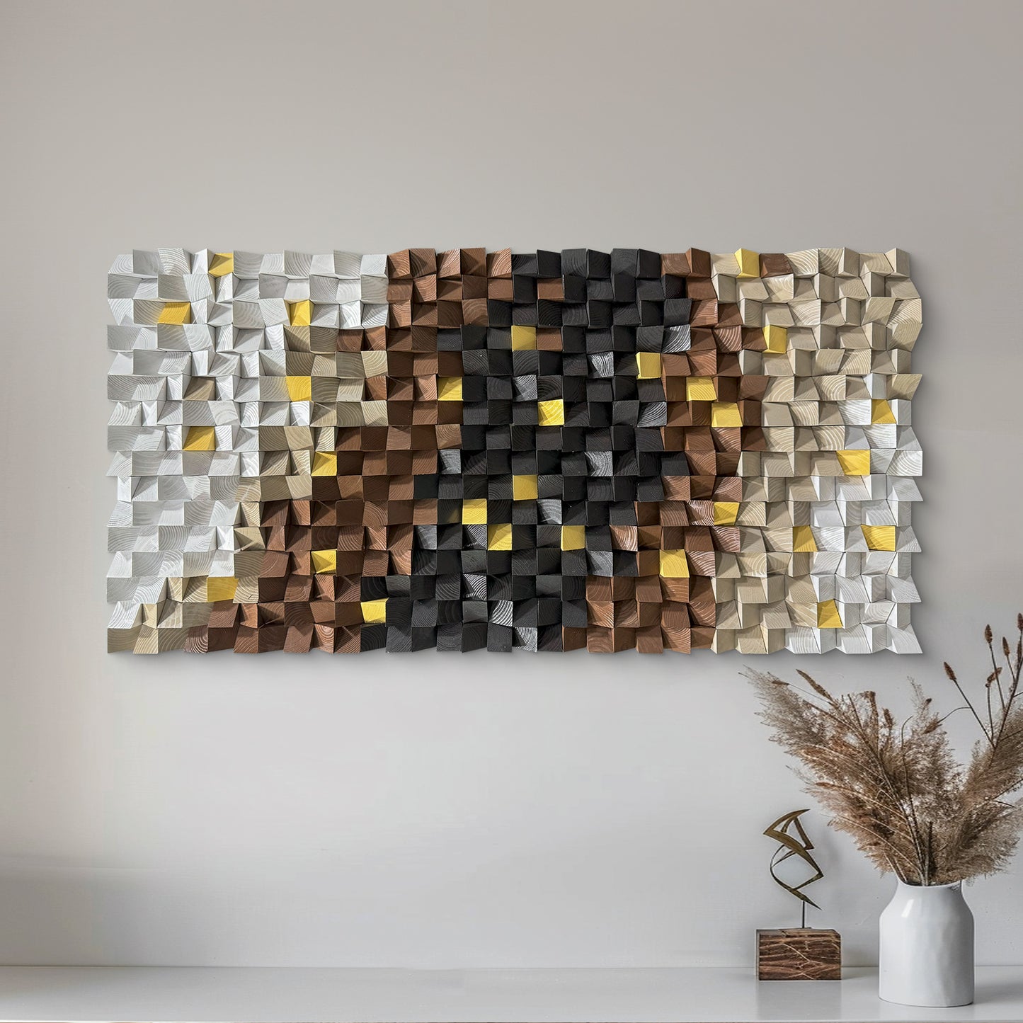 Black & White Textured Wood Wall Art, Grey Mosaic Design, Large-Scale Decorative Artwork