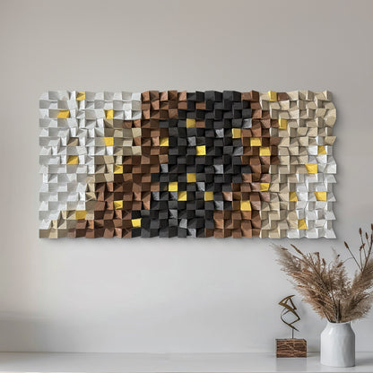 Black & White Textured Wood Wall Art, Grey Mosaic Design, Large-Scale Decorative Artwork