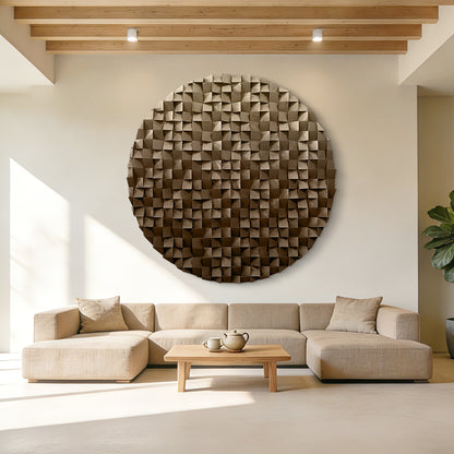 Wooden circle wall decor with 3D textured mosaic in warm brown tones, modern abstract art perfect for living room accent walls.