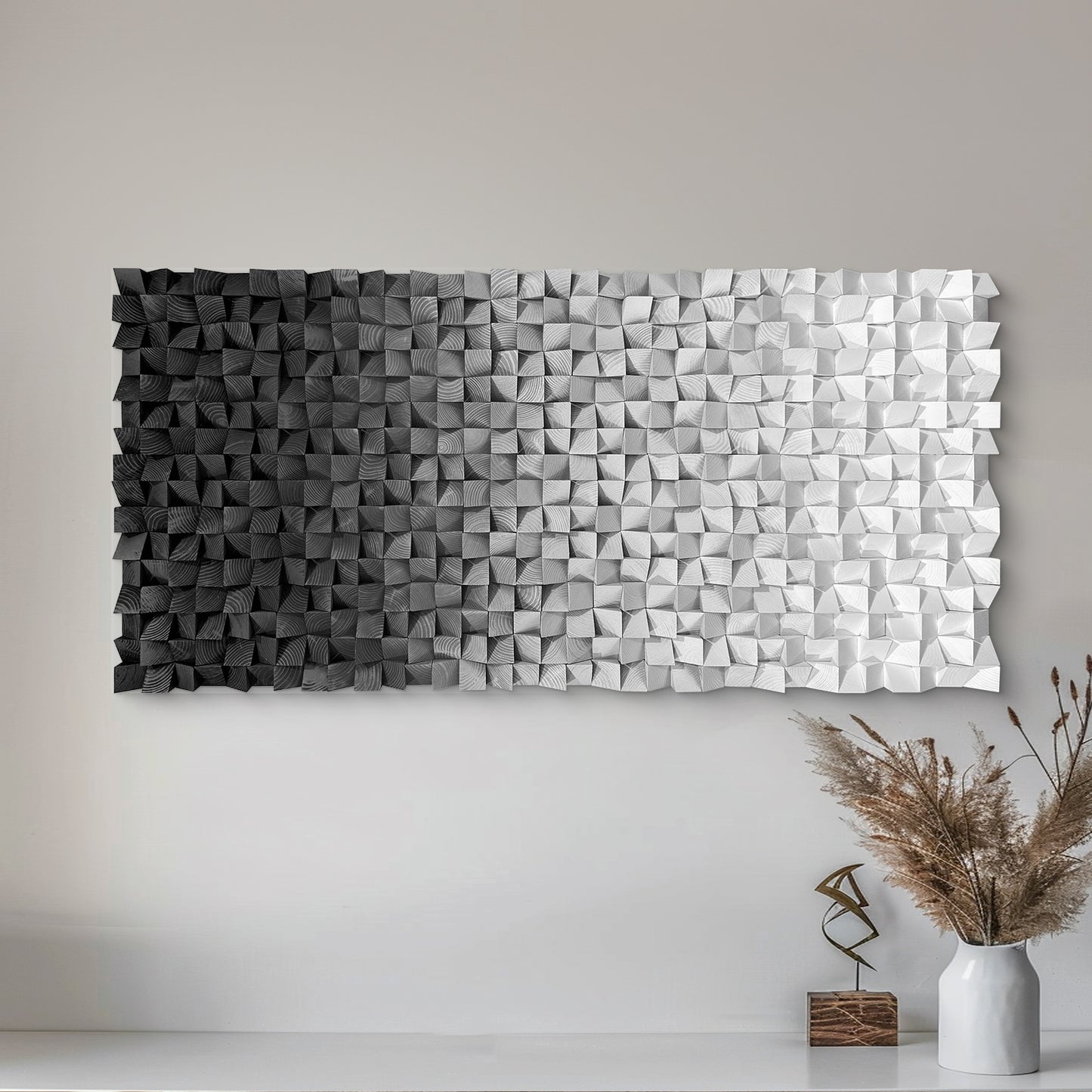 Extra Large Abstract Wood Wall Art, handcrafted from solid wood with black & white mosaic detailing, delivering a sleek modern focal texture.