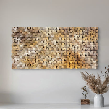 3D gradient wooden mosaic wall art features geometric wood blocks in gradual color transitions, delivering rich texture, artistic depth and natural warmth.