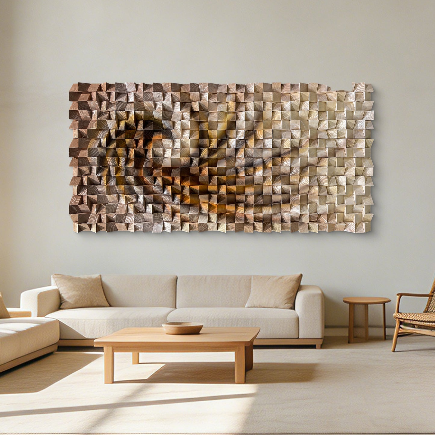 Three-dimensional triangular wooden block wall art, modern styled with natural wood texture, elevating any wall space elegantly.