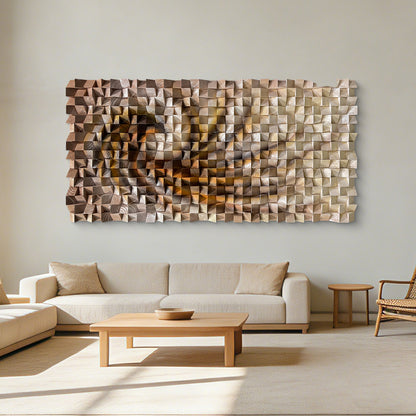 Three-dimensional triangular wooden block wall art, modern styled with natural wood texture, elevating any wall space elegantly.