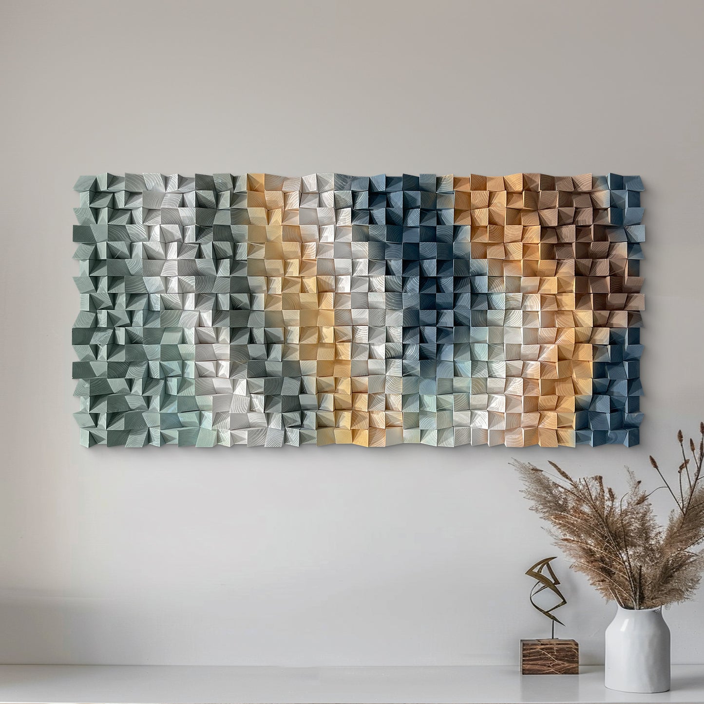 3D gradient wooden mosaic wall artwork, crafted from natural wood with gradual color transitions, full of artistic stereoscopic sense.