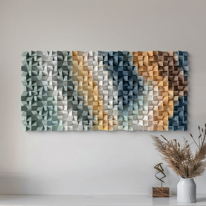 3D gradient wooden mosaic wall artwork, crafted from natural wood with gradual color transitions, full of artistic stereoscopic sense.