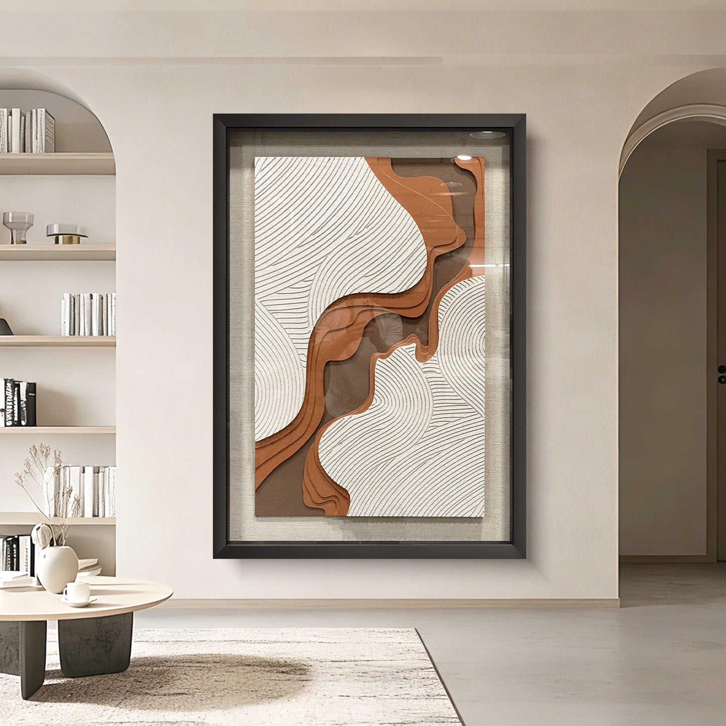 Creative hand-carved decorative artwork interwoven with brown and white lines, accented by a solid wood frame, delivering an elegant artistic touch.