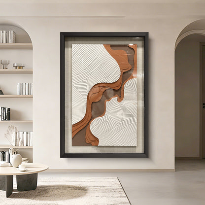 Creative hand-carved decorative artwork interwoven with brown and white lines, accented by a solid wood frame, delivering an elegant artistic touch.