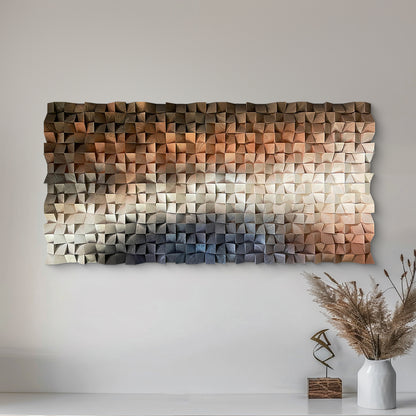 Modern abstract 3D wall art, solid wood mosaic panel in blue, white and orange tones, with rich three-dimensional texture.