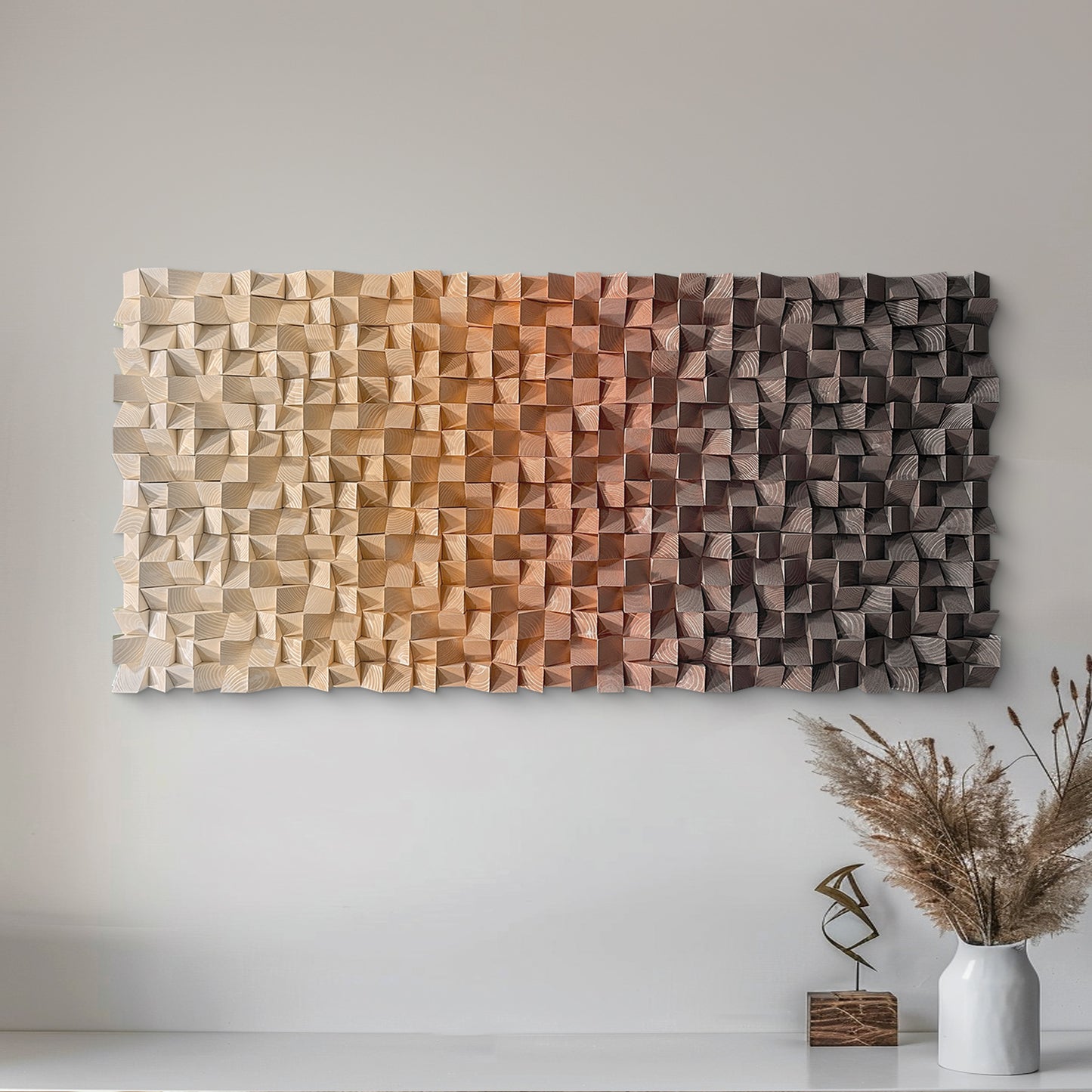 Warm earth-tone wood wall art, 3D textured mosaic with gradient orange-to-brown hues, abstract modern design allowing horizontal or vertical display.